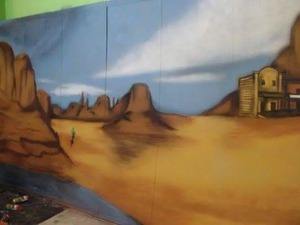Graffiti: Escenografía viejo oeste sobre cartón