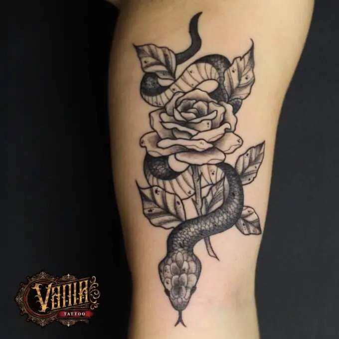 Tatuaje serpiente con rosa en negro y gris, trabajo de Vanir Tattoo