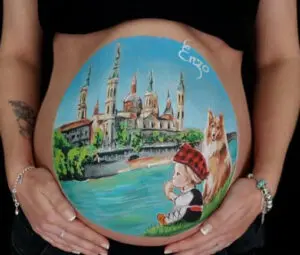 Tripita pintada a mano con la Basílica del Pilar, el río Ebro y el puente de Piedra de Zaragoza